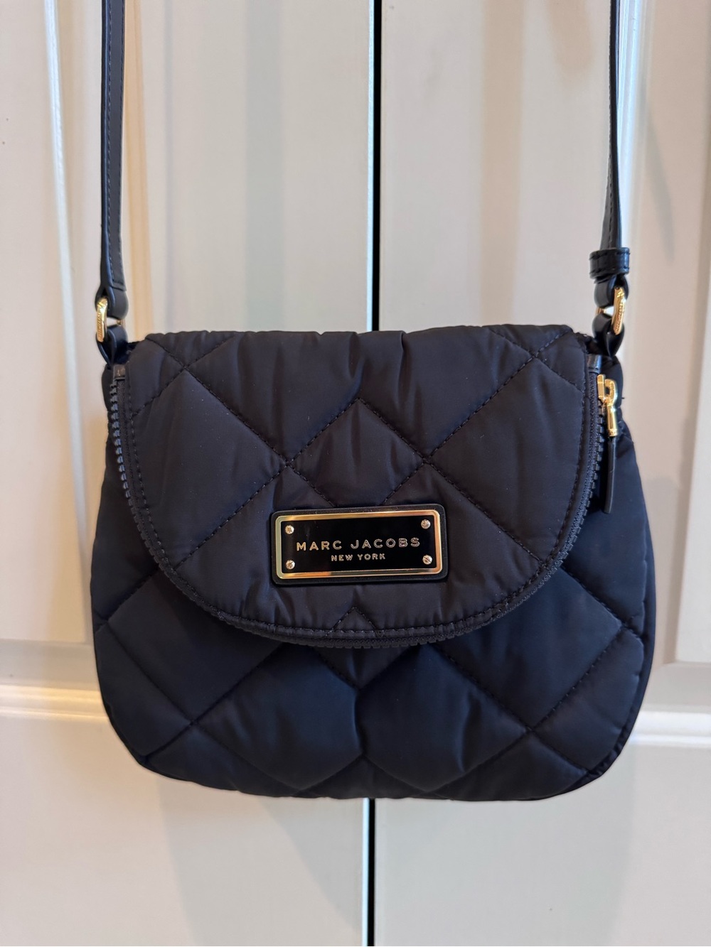 Marc Jacobs Quilted Black Nylon Crossbody with Gold Plaque